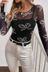 Round Neck Bow Print Long Sleeve Mesh Top